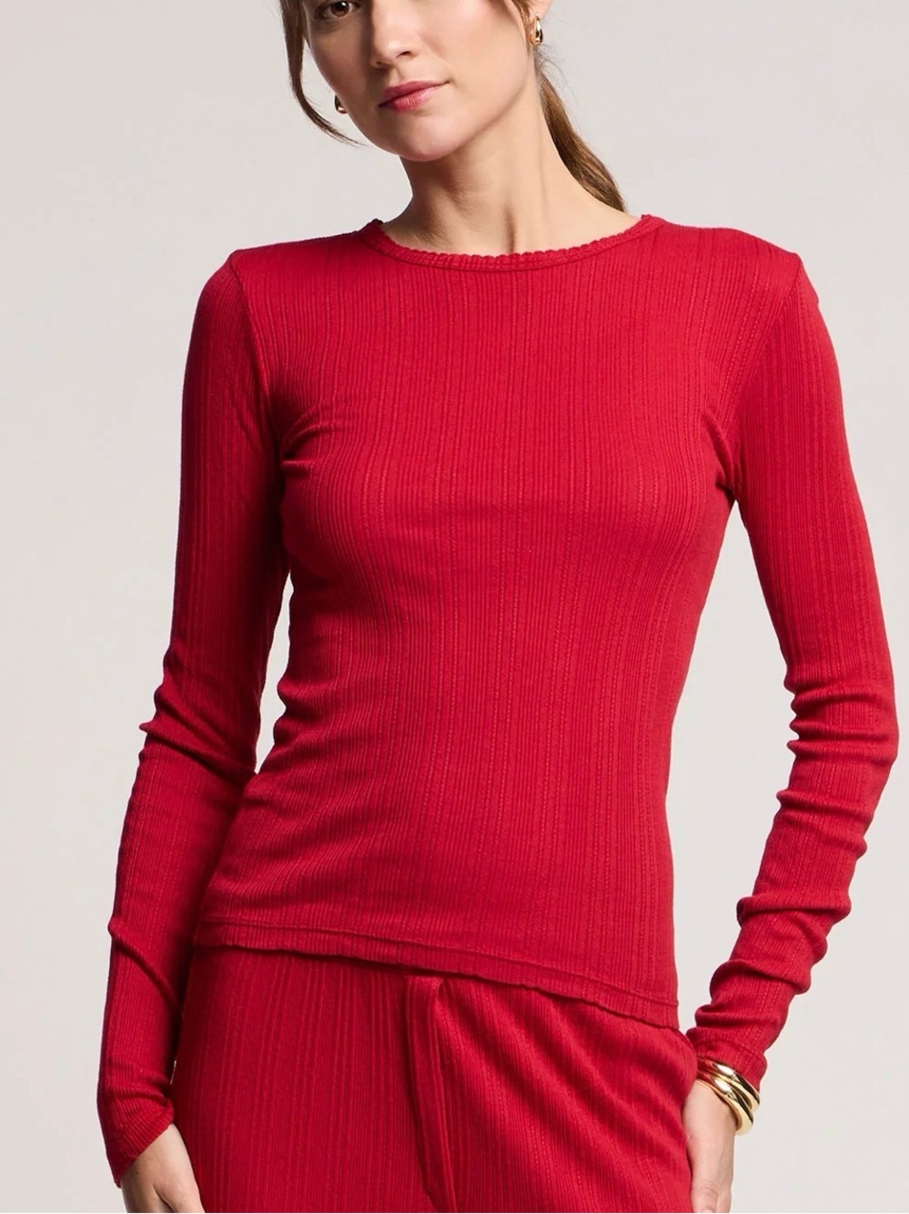 VELVET BY GRAHAM & SPENCER RIBBED POINTELLE LONG SLEEVE TEE